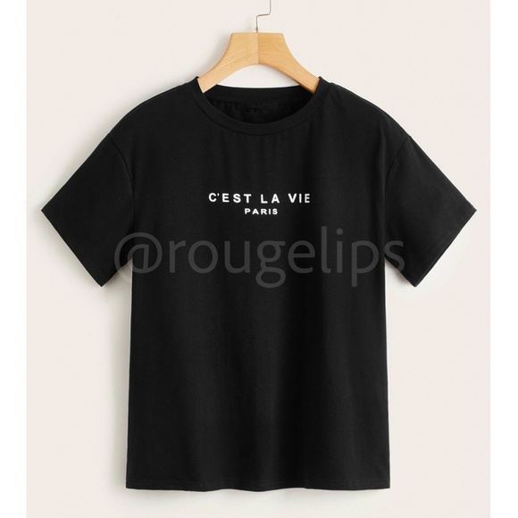 Black Graphic French Text Print Tee Shirt Short Sleeve Crew Neck - Picture 2 of 11